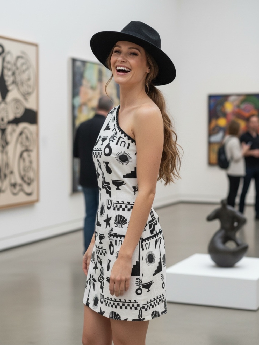 Commence White/Black One Shoulder Museum Aesthetic Greek Motif Shift Dress M